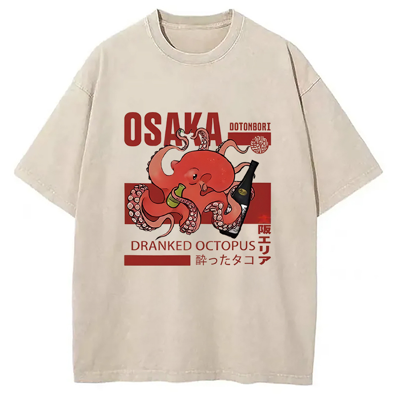 Osaka Cute Octopus Washed T-Shirt Trendy Everyday Casual Outfit Gifts For Him