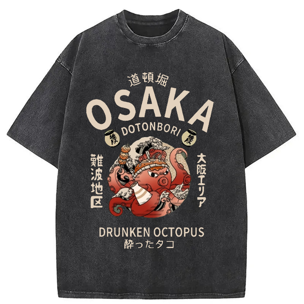 Osaka Dotonbori Drunken Octopus Vintage Washed T-Shirt Classic Graphic Fashion Tee Gifts For Best Friend