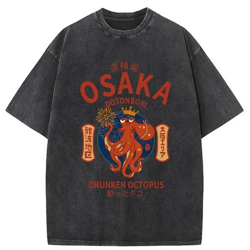 Osaka Dotonbori Drunken Octopus Washed T-Shirt Funny Graphic Gift For Friends Gifts For Her