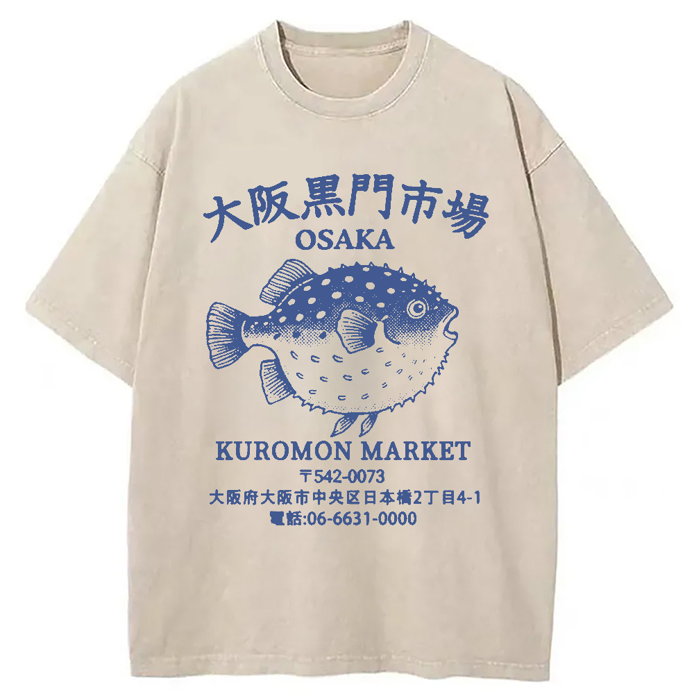 Osaka Fish Market Washed T-Shirt Cool Graphic Tee For Men Women Gifts For Friends