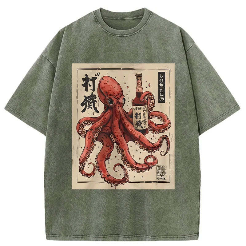 Osaka Sak Octopus Washed T-Shirt Cool Graphic Tee For Men Women Gifts For Besties