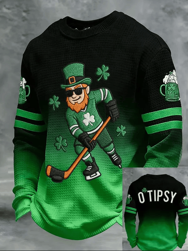 O'Tipsy Leprechaun Ice Hockey Long Sleeve Shirt St Patrick's Day Black Green Funny Beer Party Outfit