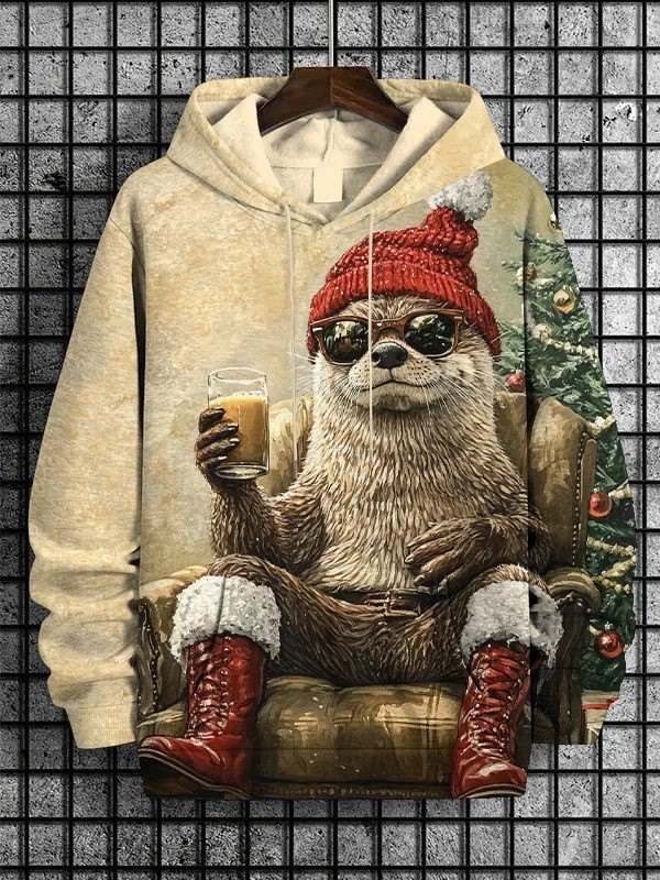 Otter Drinking Beer Christmas Holiday Hoodie Funny Clothes Christmas Gifts For Otter Lovers