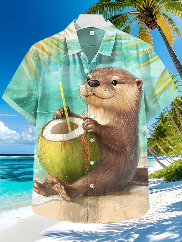 Otter Drinking Coconut On Vacation Art Print Hawaiian Shirt Best Gifts For Otter Lovers