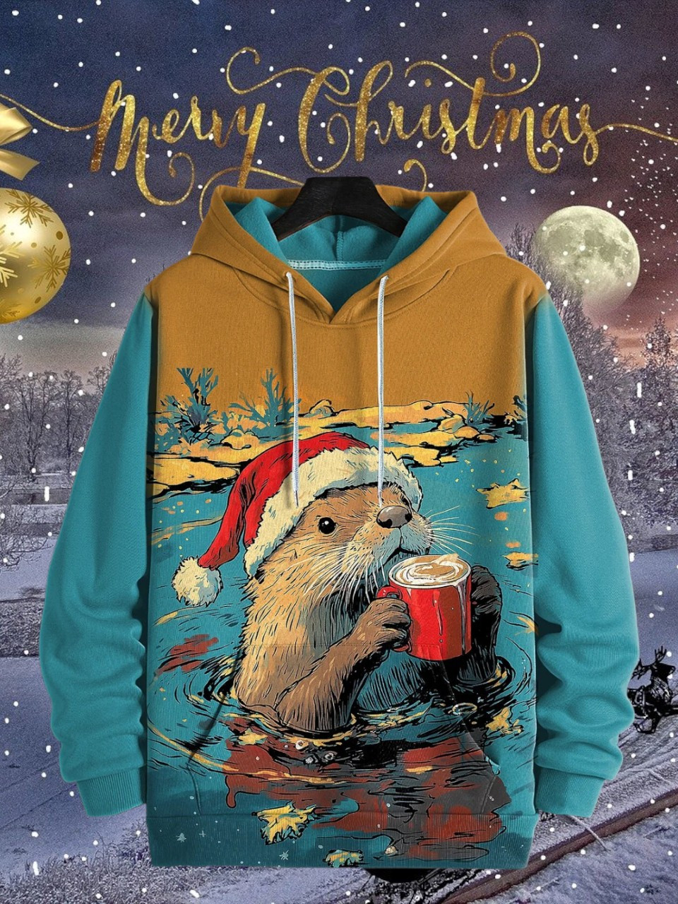 Otter Drinking Coffee In The Water Christmas Holiday Hoodie Christmas Gifts For Otter Lovers