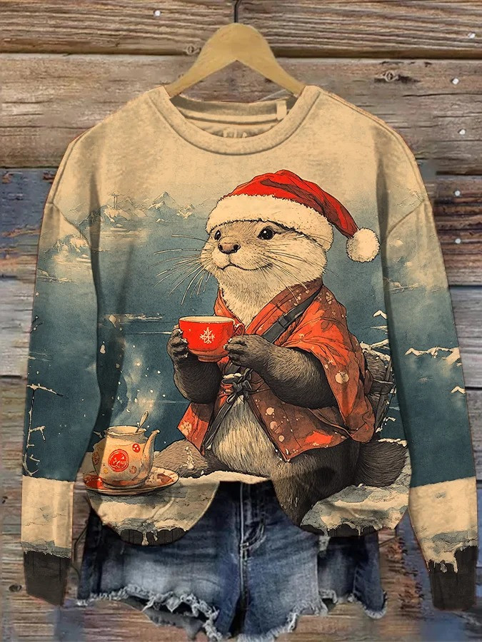Otter Drinking Hot Tea Christmas Holiday Sweatshirt Cute Clothes Otter Christmas Presents