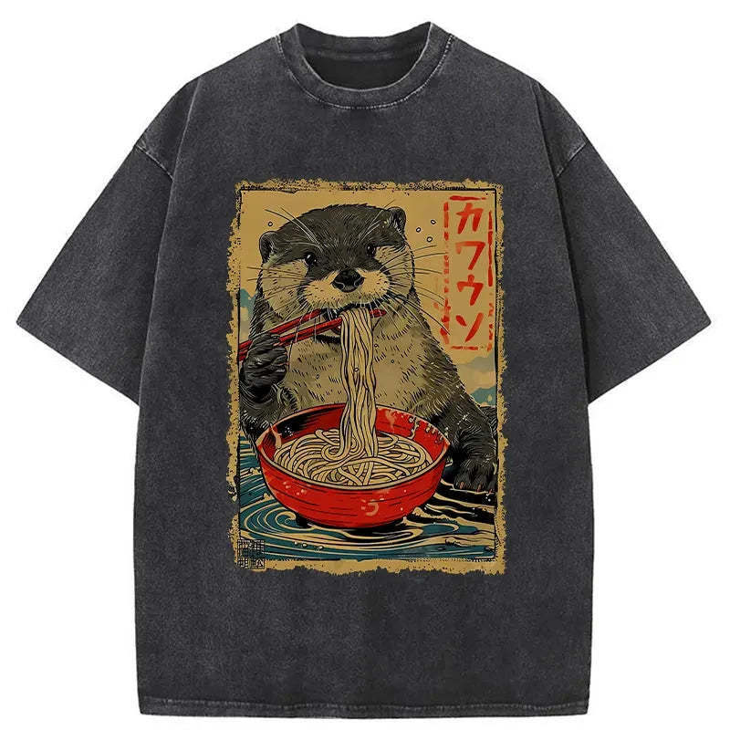 Otter Eating Ramen Japan Washed T-Shirt Everyday Comfort Graphic Shirt Gifts For Sister