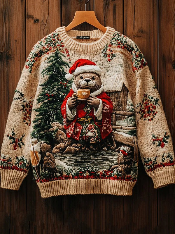 Otter Kimono Drinking Tea Ugly Christmas Sweater Pine Tree Xmas Gifts For Otter Lovers