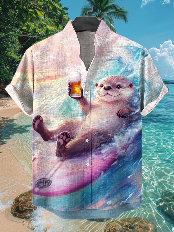 Otter Lying On A Surfboard Holding A Beer Vacation Art Hawaiian Shirt Gifts For Otter Lovers