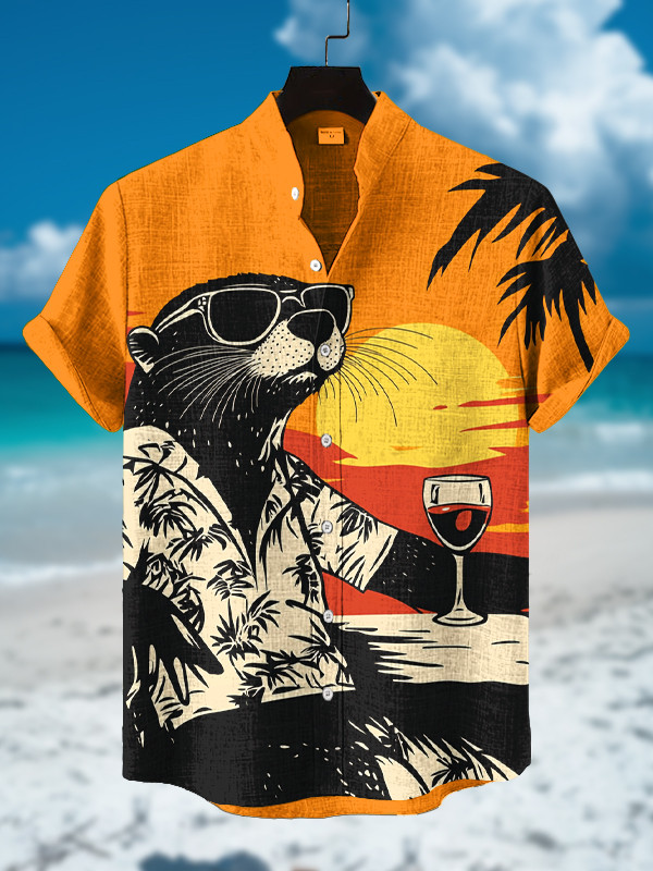 Otter Seaside Vacation Drinking Red Wine Sunset Landscape Hawaiian Shirt Gifts For Otter Lovers