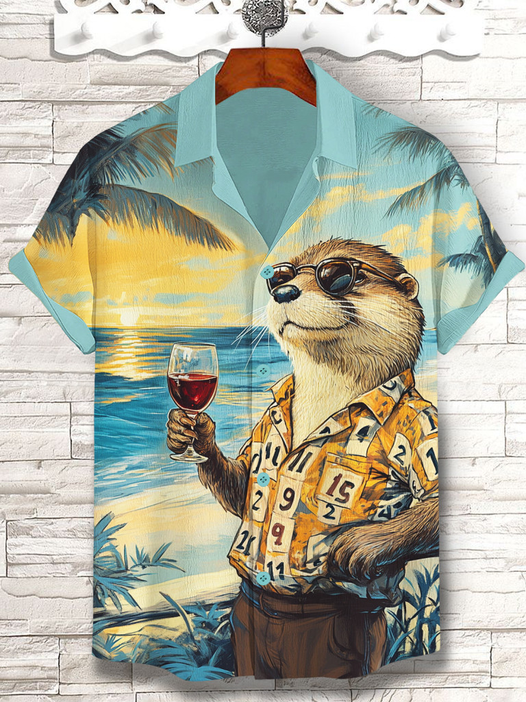 Otter Wearing Number Shirt Enjoy Wine Vacation Time Art Hawaiian Shirt Gifts For Otter Lovers