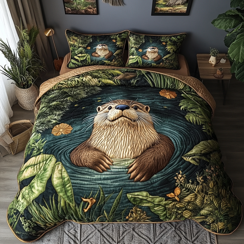 Otterly Adorable Quilted Bedding Set Bed Room Decoration Otter Christmas Presents