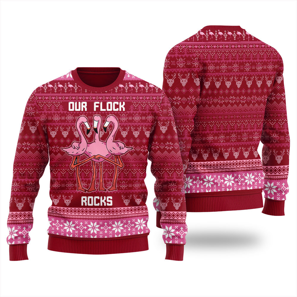 Our Flock Rocks Pinky Flamingo Funny Ugly Xmas Sweaters Trendy Winter Sweatshirt for Cozy Moments