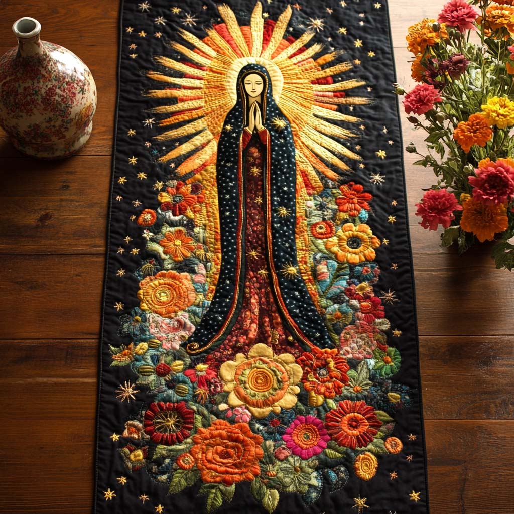 Our Lady Blessing Quilted Table Runner Christmas Dining Room Decor Christian Presents For Her