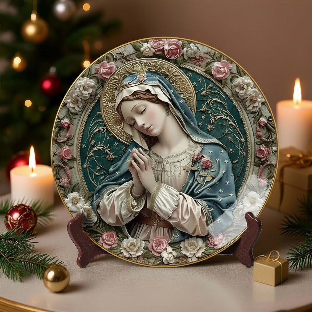 Our Lady of Grace Floral Christmas Ceramic Plate Decoration Xmas Presents For Sister