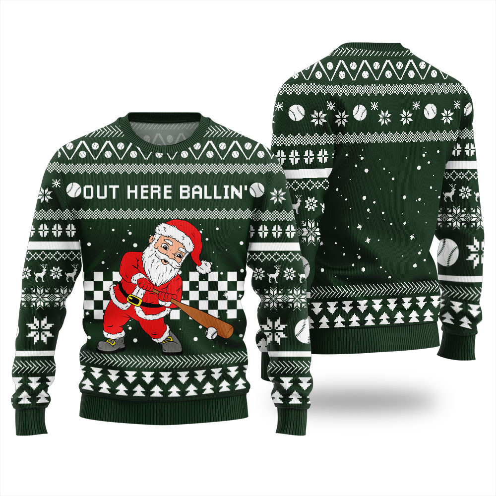 Out Here Ballin Santa Baseball Ugly Holiday Sweater Thoughtful Winter Gift Merch for Special Moments