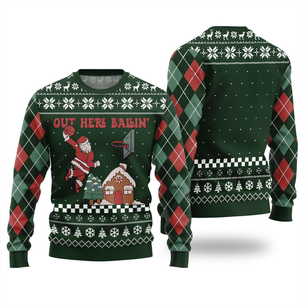 Out Here Ballin Santa Ugly Christmas Sweater Trending Christmas Merch Gift 2025 Collection