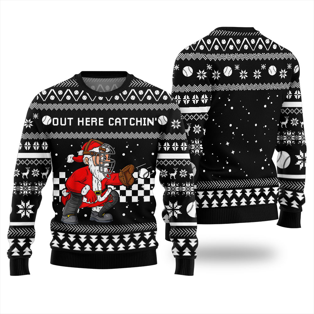 Out Here Catchin Santa Baseball Ugly Christmas Sweater Lovely Merch Gift for Cozy Winter Nights