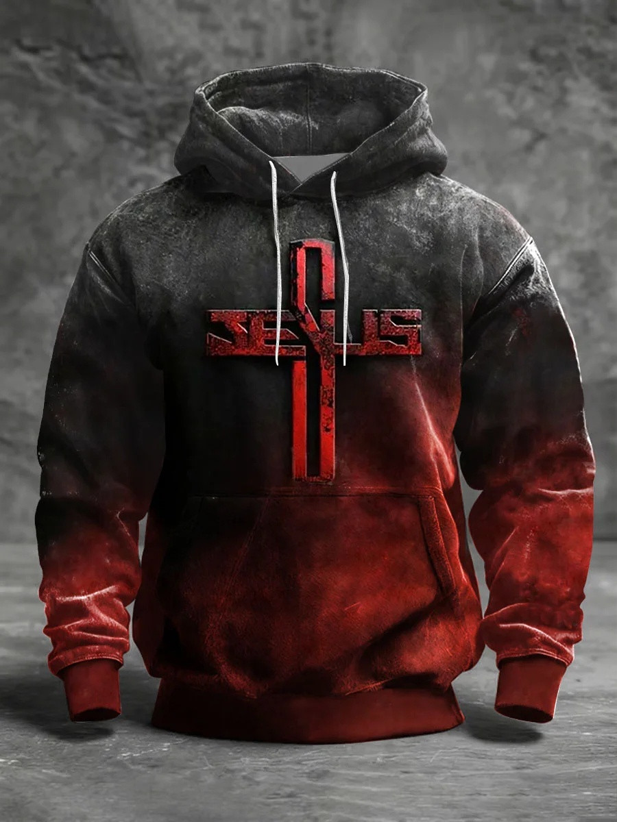 Oversized Jesus Cross Hoodie Men Christian Faith Graphic Hoodies Drop Shoulder Gift Ideas