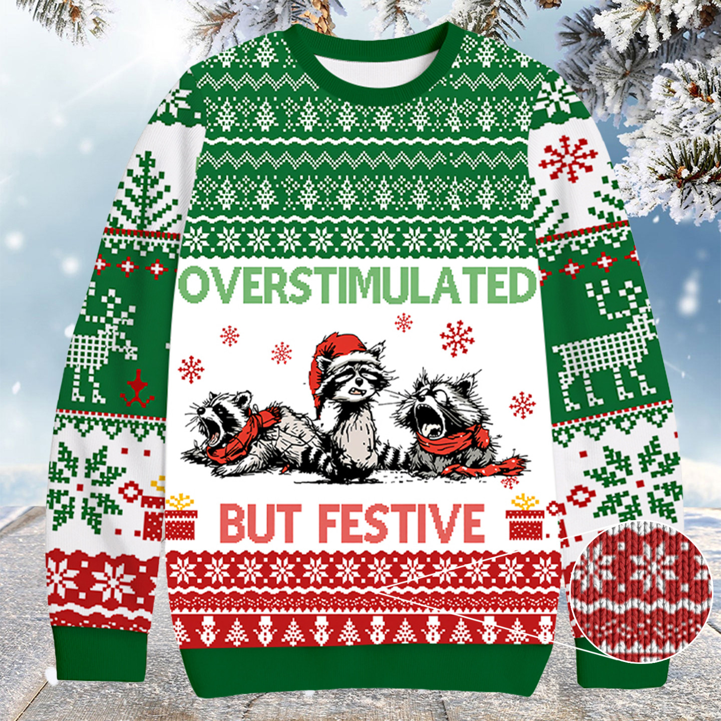 Overstimulated But Festive Racoon Christmas Ugly Sweater Xmas Gifts For Men