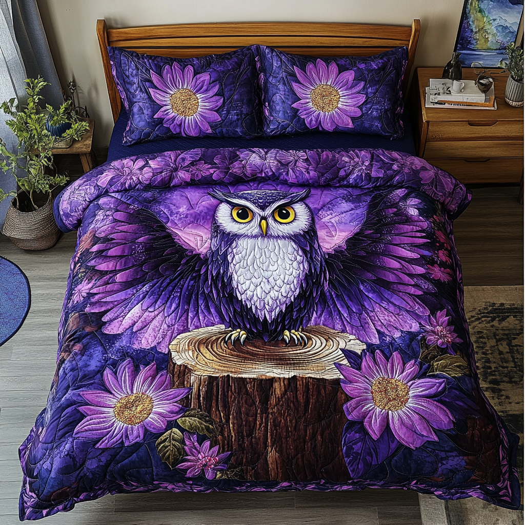 Owl Art Quilted Bedding Set Aesthetic Room Decor Best Owl Gift Ideas
