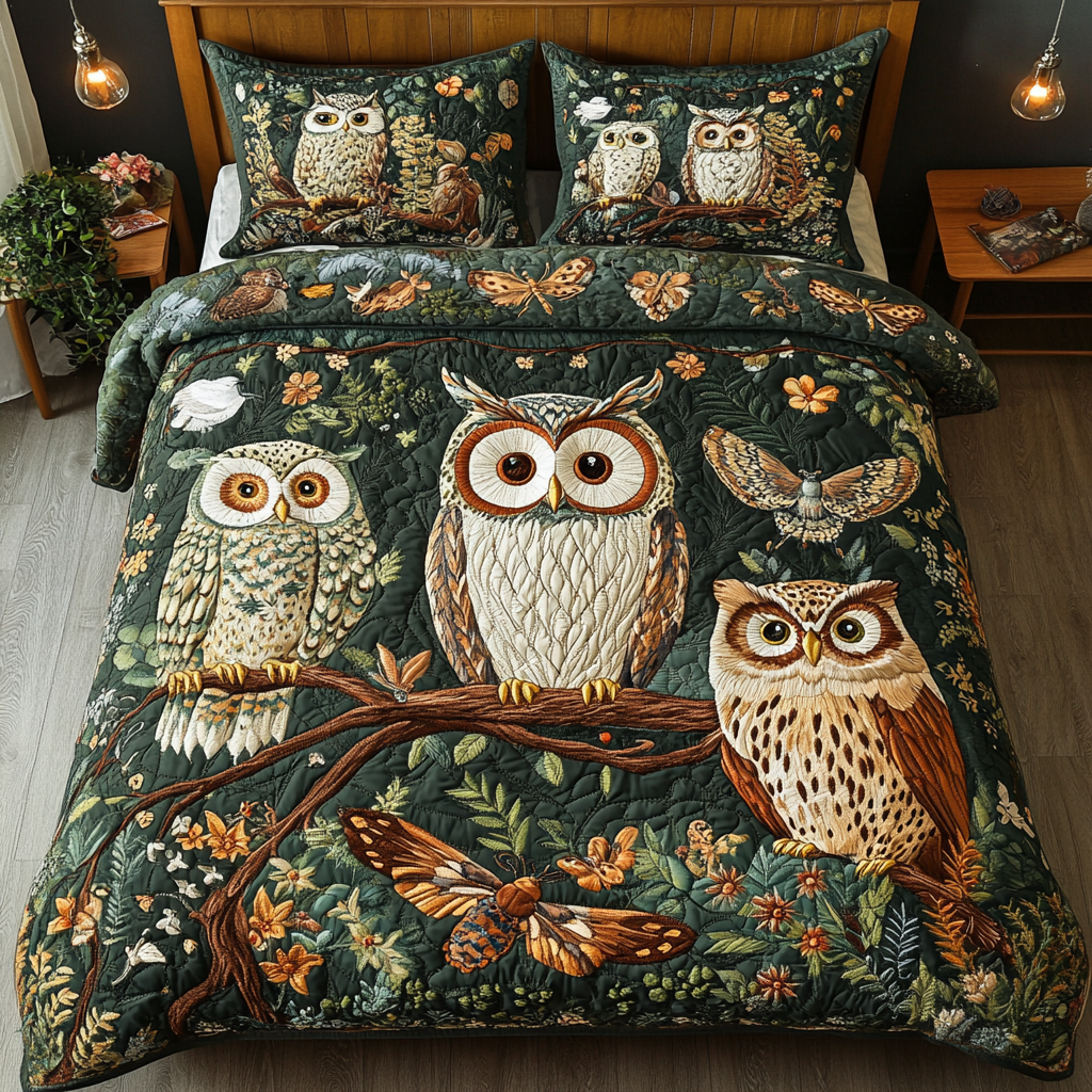 Owl Charm Quilted Bedding Set Cozy Bedroom Decor Owl Lovers