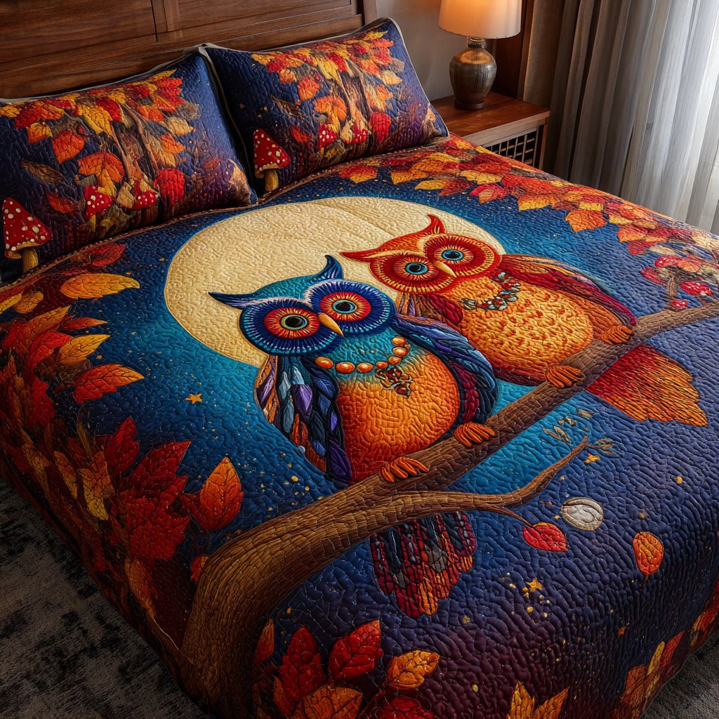 Owl Flight Quilted Bedding Set Best Bed Sheet Set Best Unique Gifts For Owl Lovers