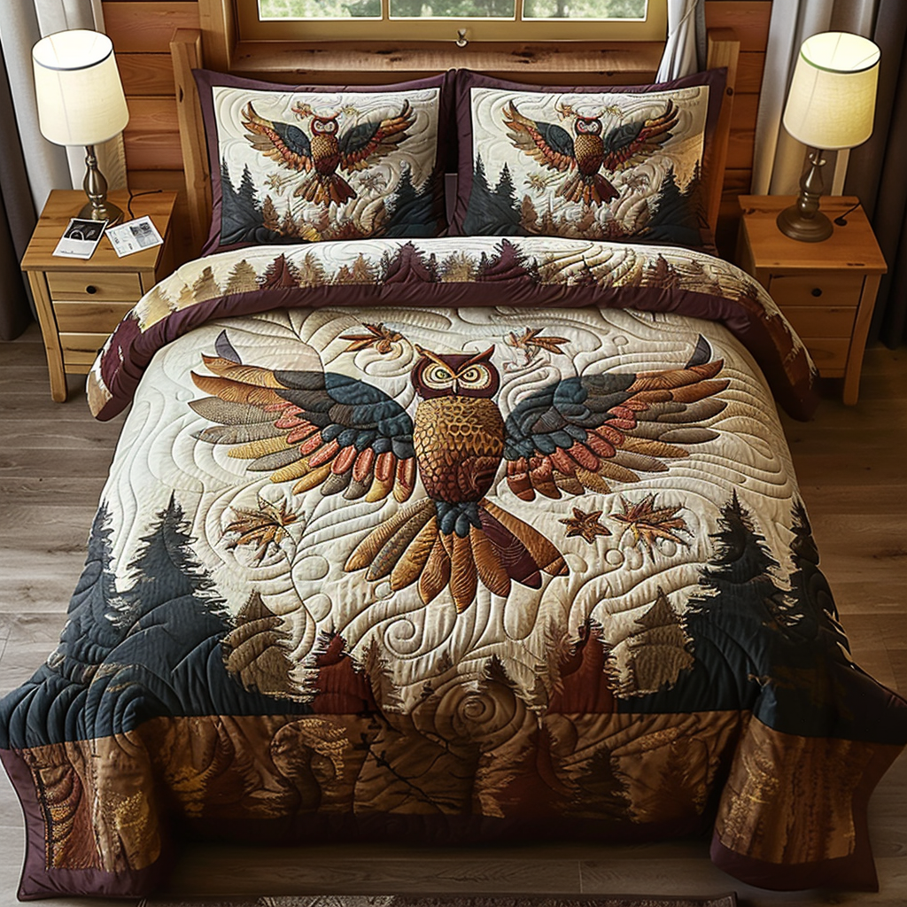 Owl Forest Quilted Bedding Set Aesthetic Room Decor Owl Presents For Her