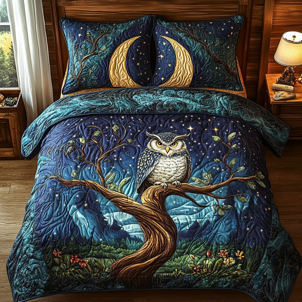 Owl Forest Quilted Bedding Set Bed Decor Owl Presents For Ladies