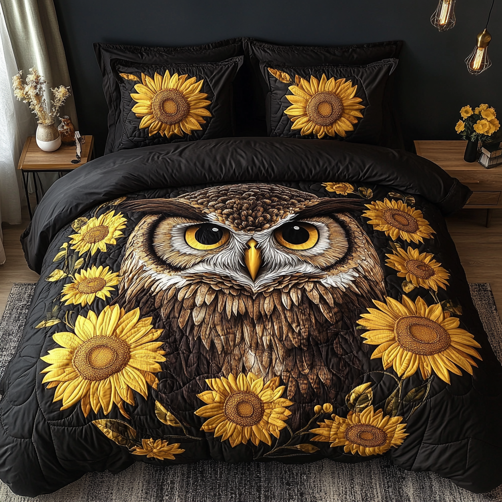 Owl Glow Quilted Bedding Set Bed Room Decoration Owl Theme Gifts