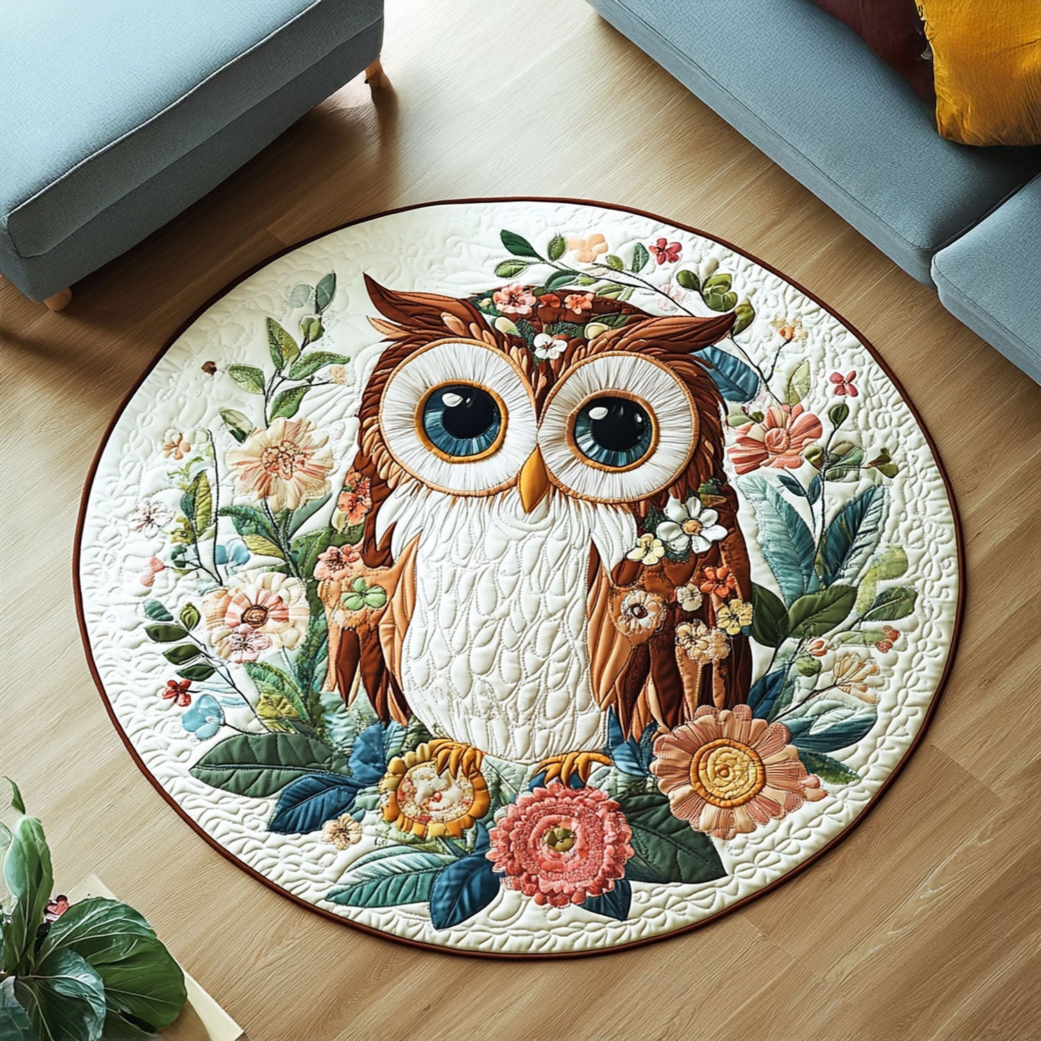 Owl Haven Quilted Round Mat Home Entrance Decor Ideas Flower Lavender Gift Ideas