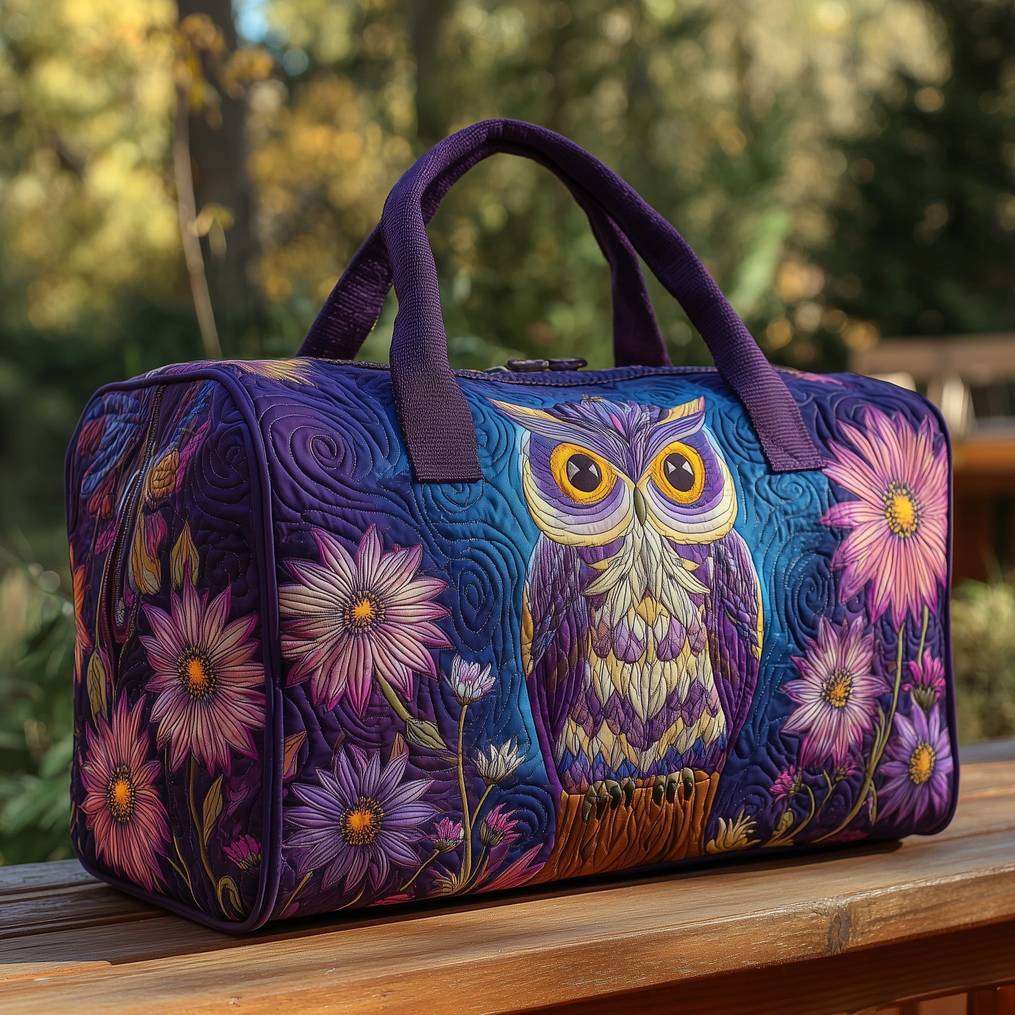 Owl Heaven Quilted Duffle Bag Purple Floral Daisy Whimsical Owl Travel Bag Best Gift For Owl Lovers