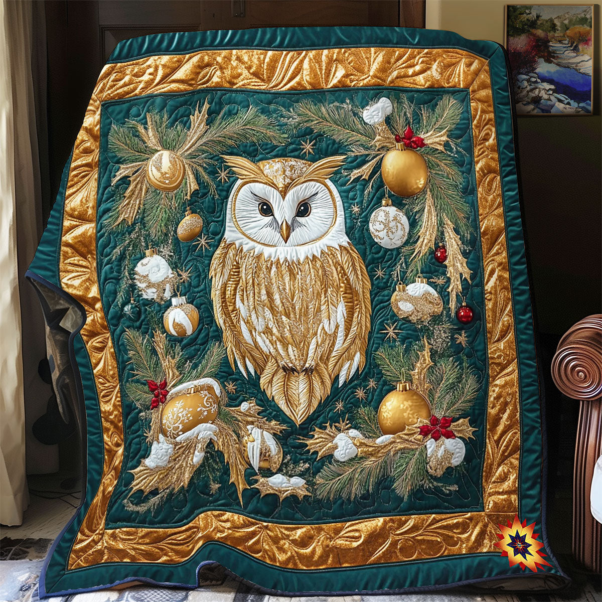 Owl In Bauble Wreath Quilt Blanket Perfect Gift For Friends and Family on Christmas Day