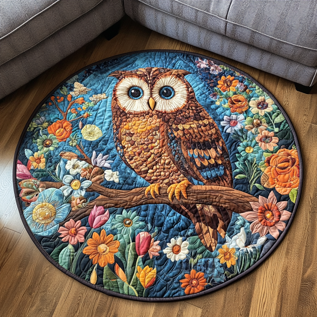 Owl Magic Quilted Round Mat Unique Front Door Decor Gifts For Lavender Lovers