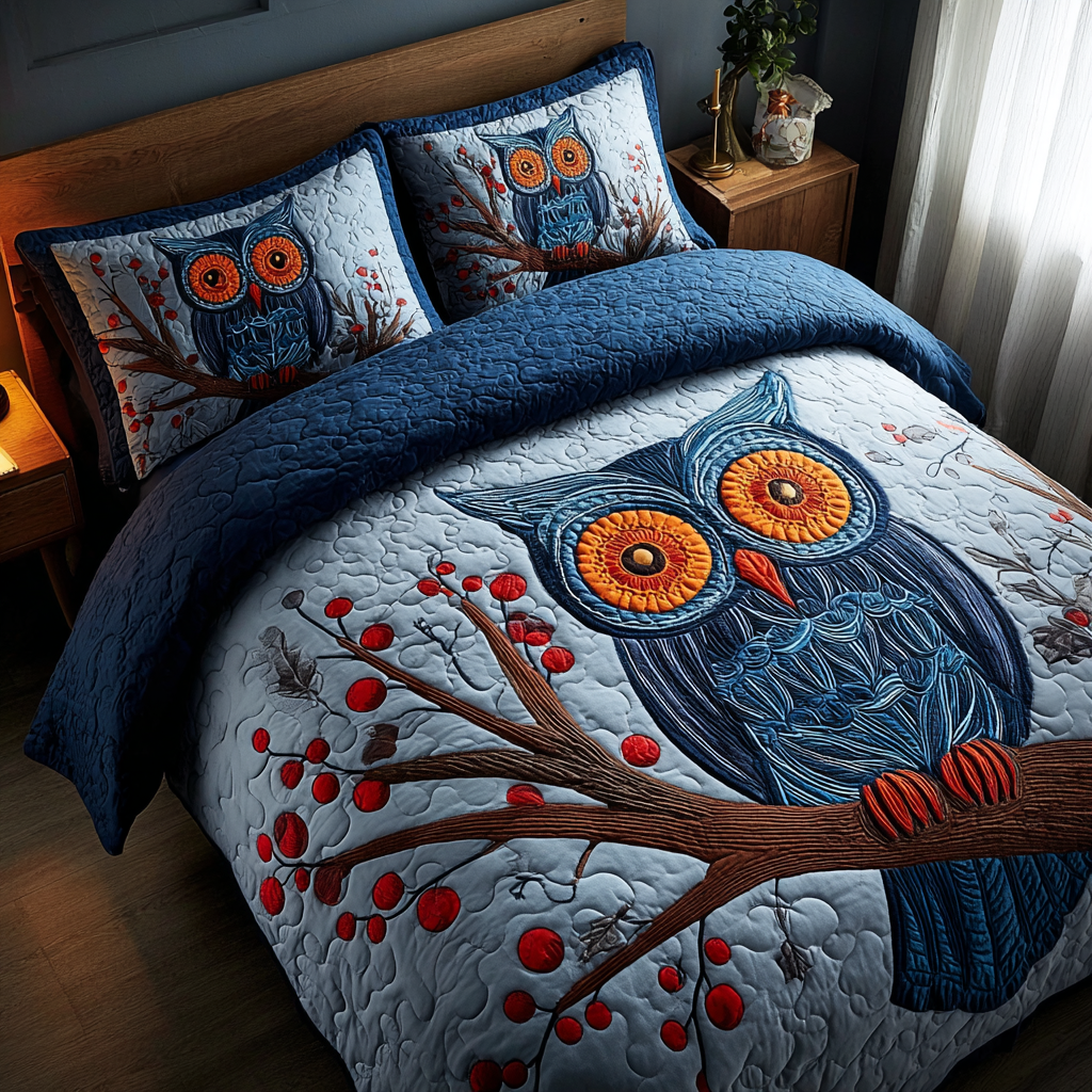 Owl Night Quilted Bedding Set Aesthetic Room Decor Great Best Gifts For Owl Lovers