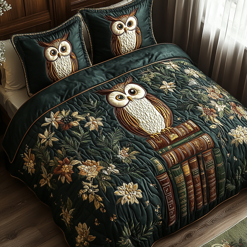 Owl Quill Quilted Bedding Set Best Bed Sheet Set Gifts For People Who Like Books