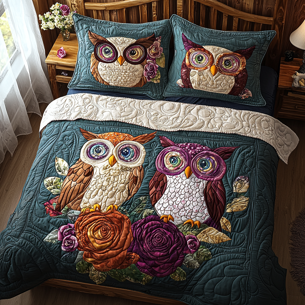 Owl Rose Garden Quilted Bedding Set Holiday Duvet Covers Owl Gifts For Adults
