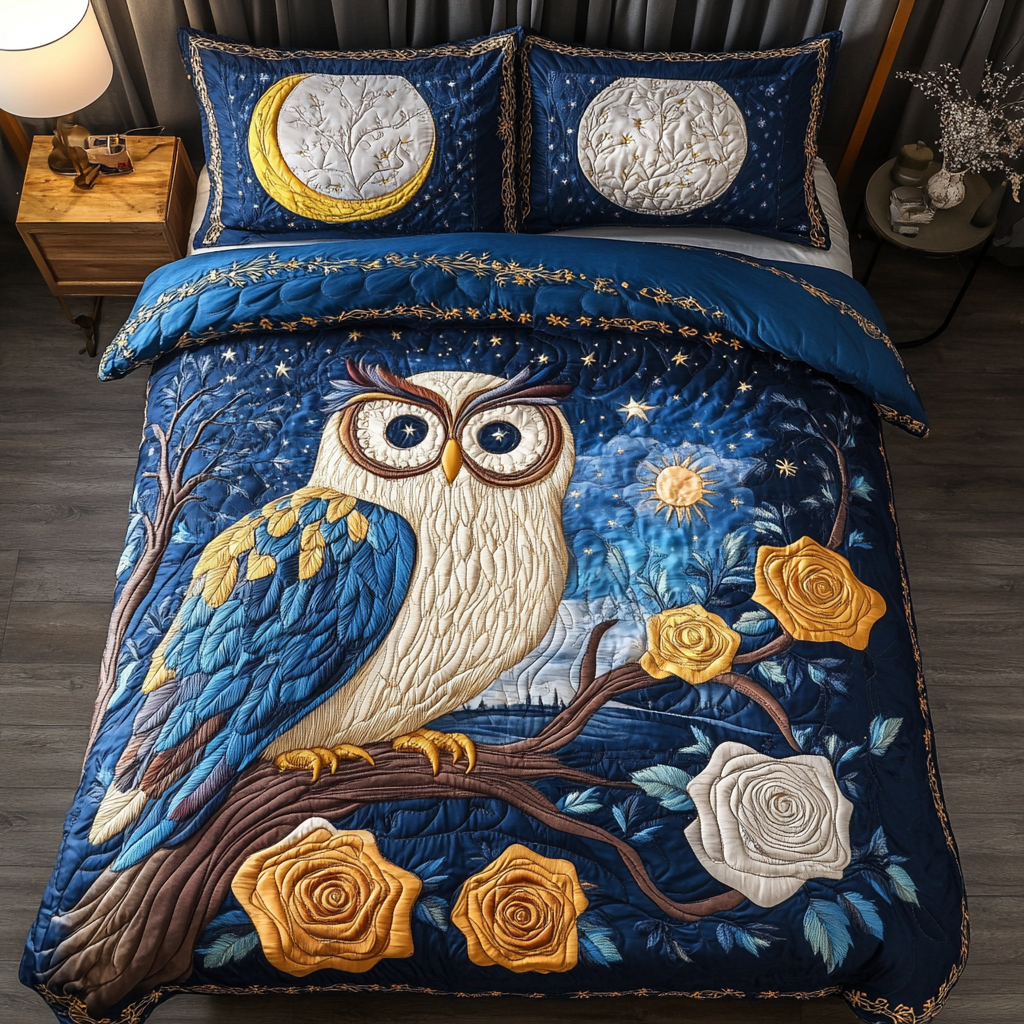 Owl Silence Quilted Bedding Set Bed Decor Gifts For Owl Lovers