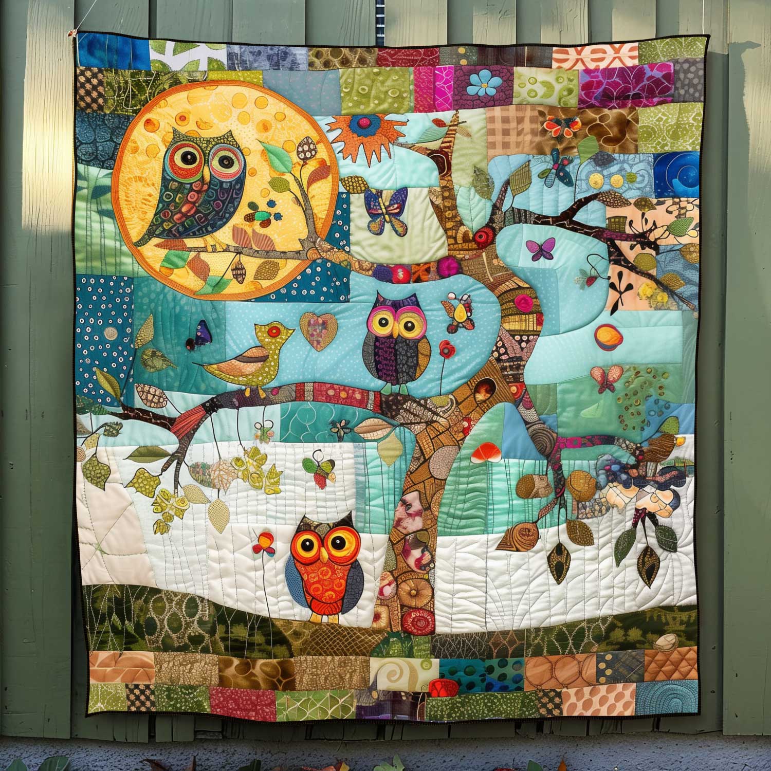 Owl Tree Patchwork Quilted Blanket Gift For Owl Lover