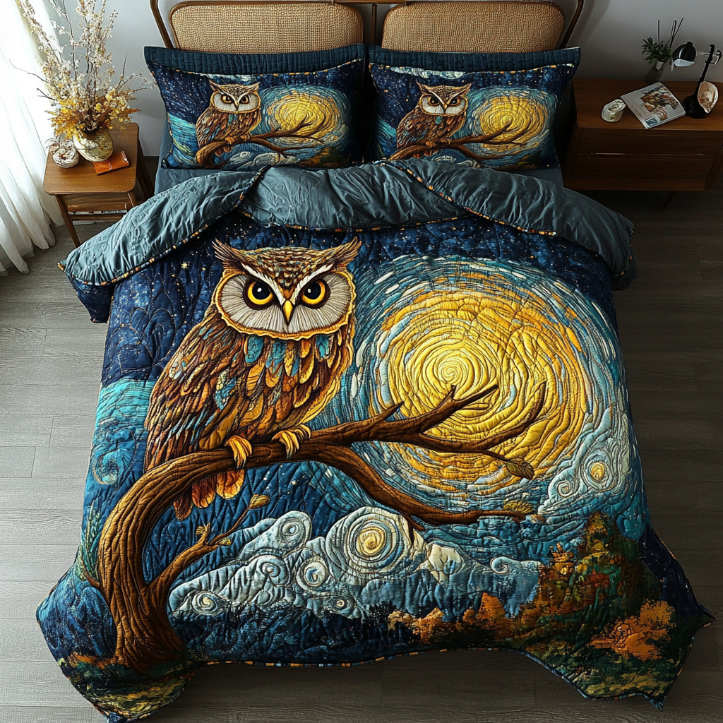 Owl Twilight Quilted Bedding Set Bed Decorations Gift For Owl Lover