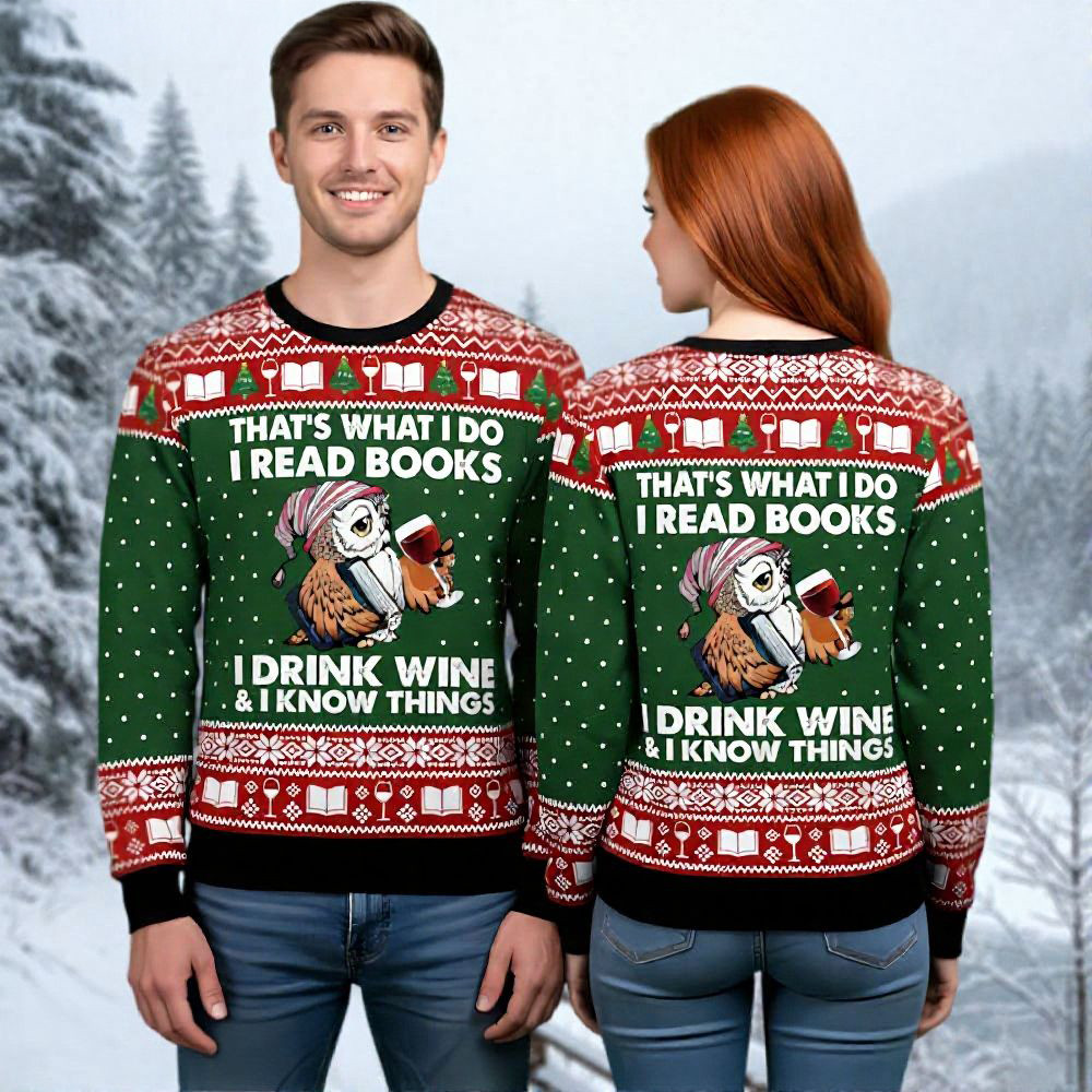 Owl Ugly Christmas Sweater Book Wine Holiday Wear Christmas Gifts For Bookworms