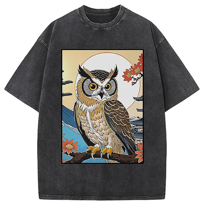 Owl Ukiyo-e Washed T-Shirt Trendy Aesthetic Graphic Apparel Gifts For Friends