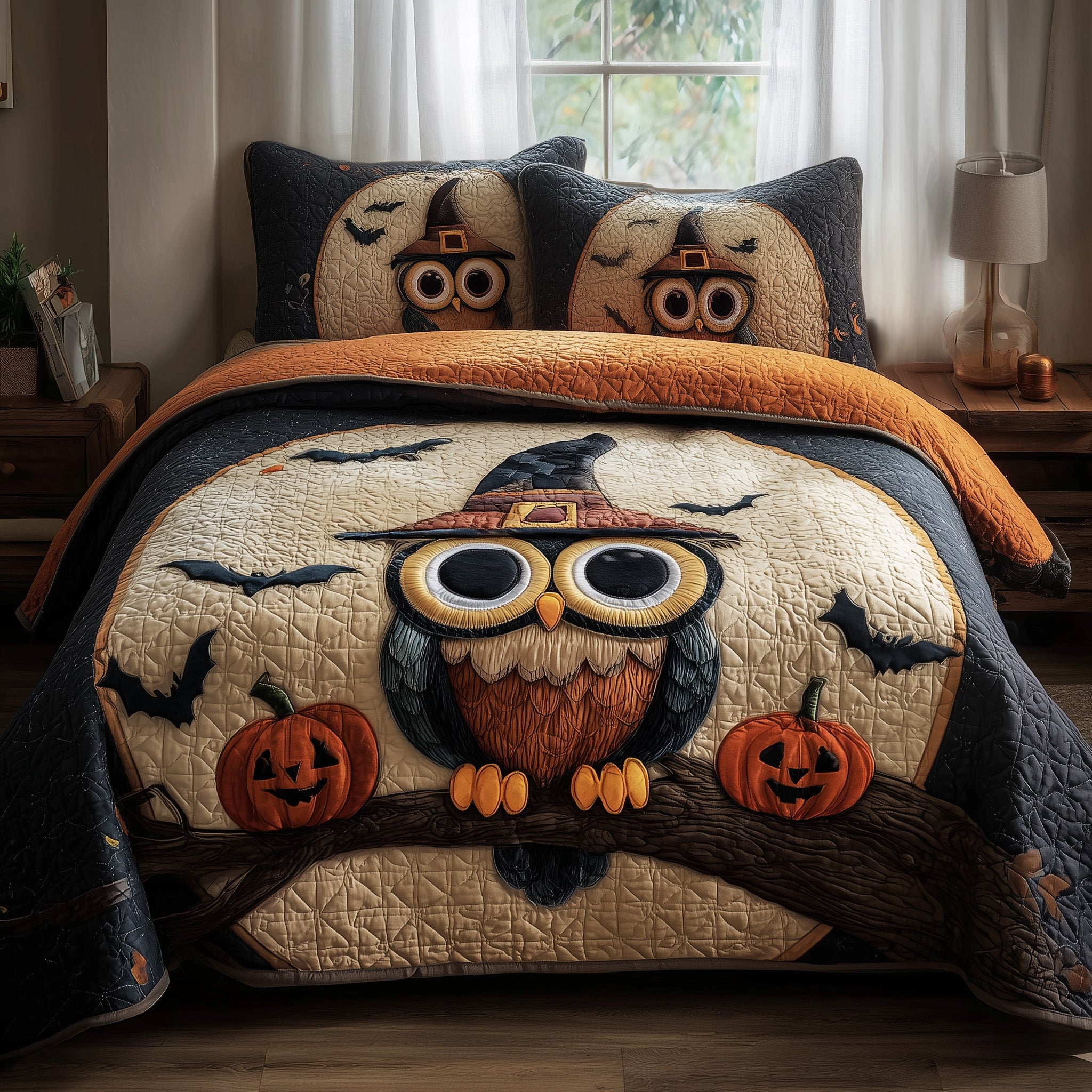 Owl Witch Halloween Quilted Bedding Set Cotton Sateen