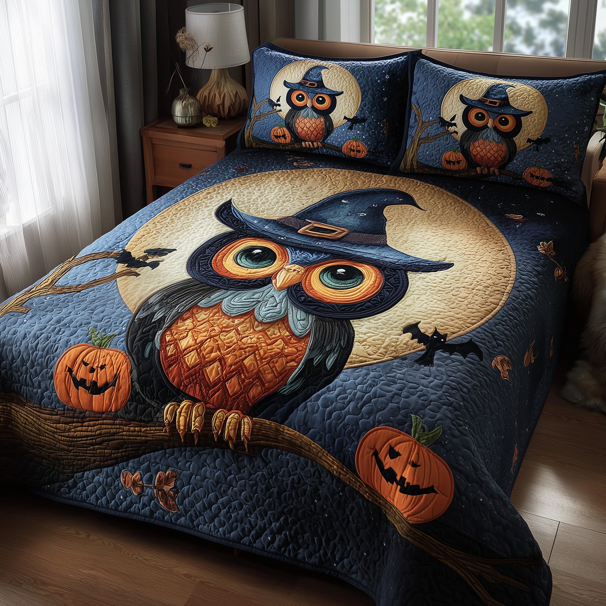 Owl Witch Halloween Quilted Bedding Set Holiday Gift