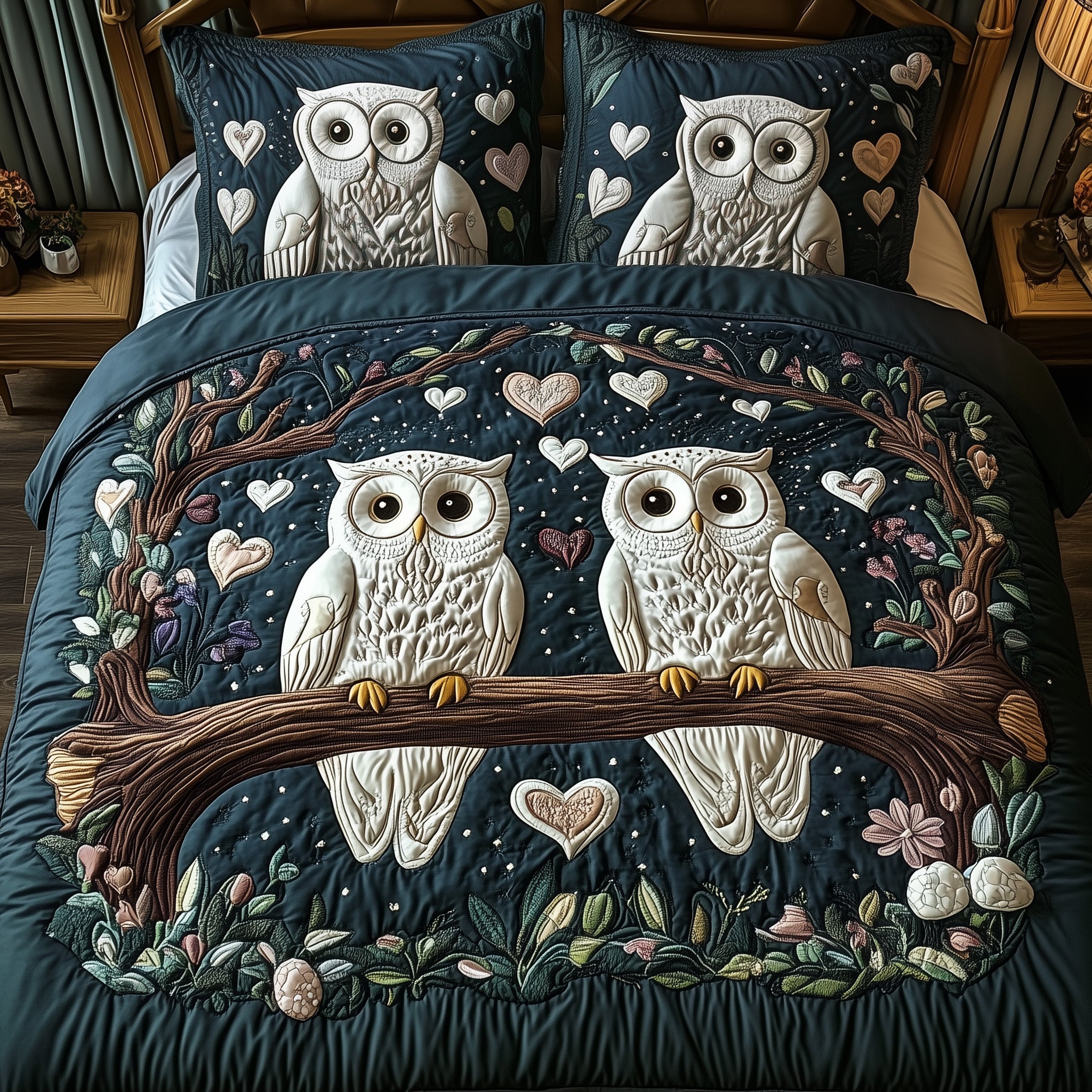 Owls Quilted Bedding Set Duvet Cover Bedspread Best Gifts For Owl Lovers
