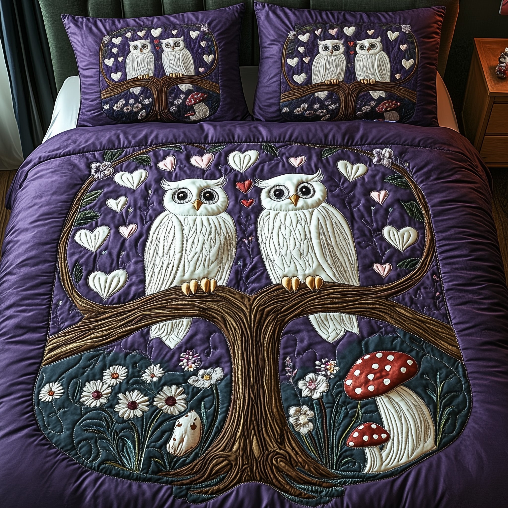 Owls Quilted Bedding Set Floral Print
