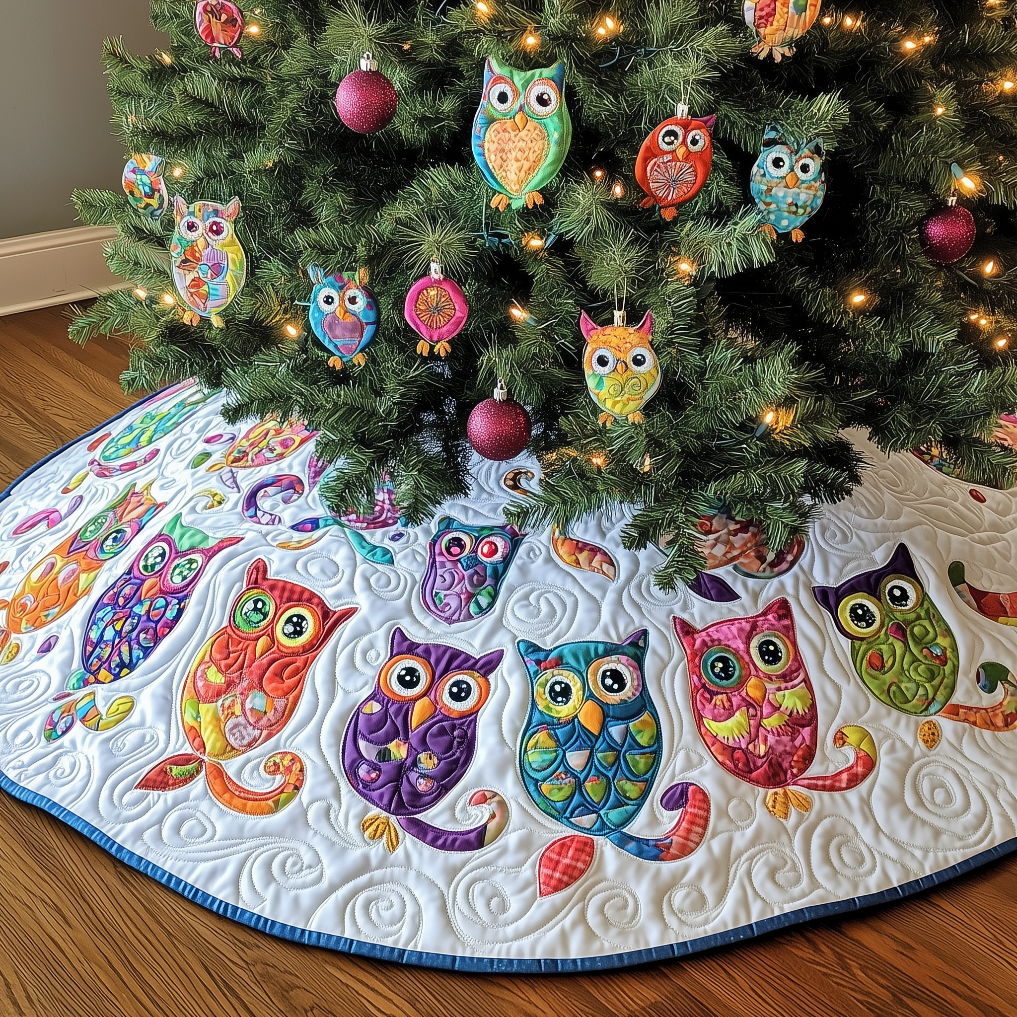 Owls Quilted Tree Skirt Xmas Tree Base Cover Decorations Owl Christmas Presents