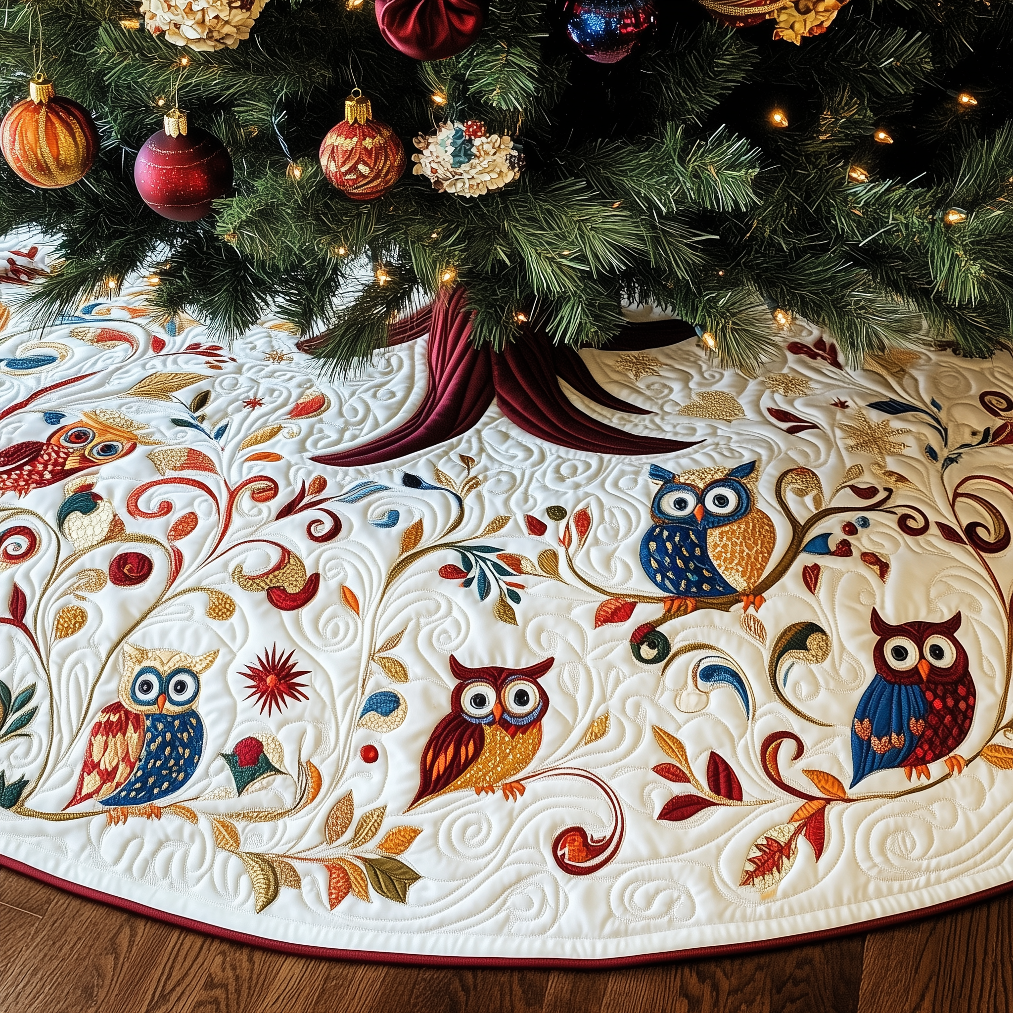 Owls Quilted Tree Skirt Xmas Tree Base Cover Decorations Owl Christmas Presents