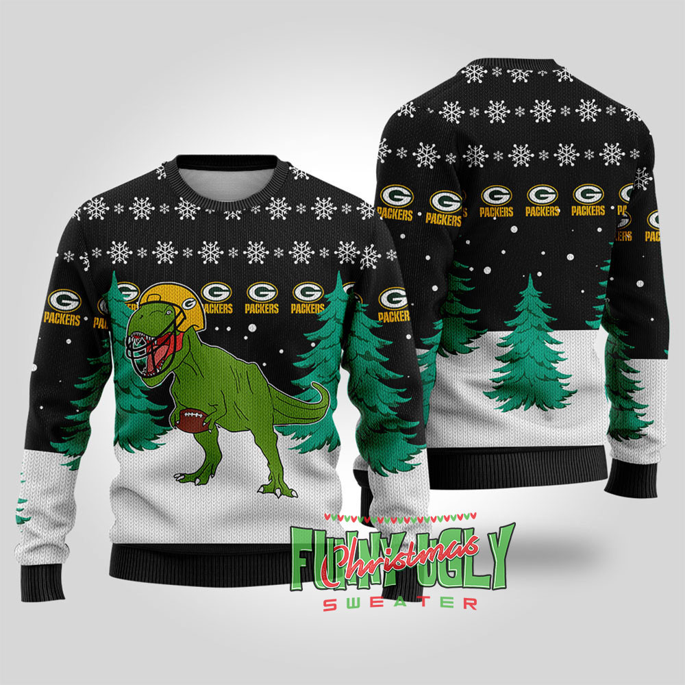 Packers Nfl Trex Ugly Christmas Sweater Black Lovely Merch Gift for Cozy Winter Nights