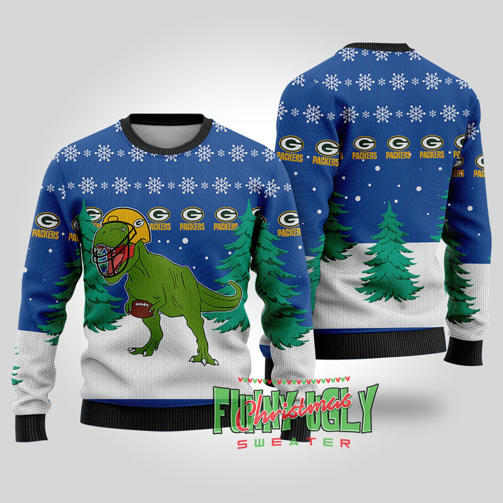 Packers Nfl Trex Ugly Christmas Sweater Royal Funny Holiday Sweater for Family Gatherings